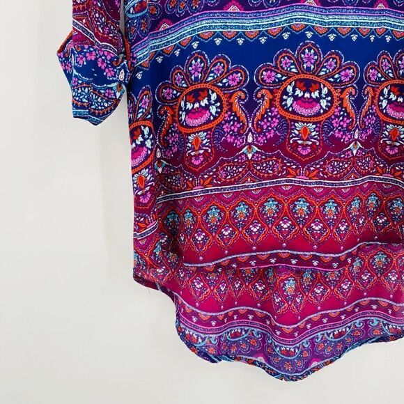 Renee C Size Small Blue & Pink Boho Print V Neck Hi Low 3/4 Sleeve Blouse Top - Picture 5 of 10